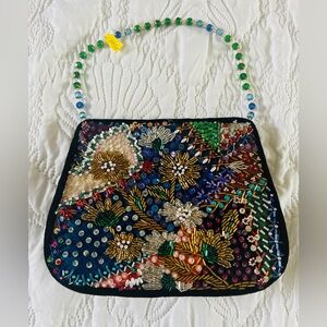 Handmade Beaded Black and Multicolor Flower Design Evening Handbag Clutch Purse